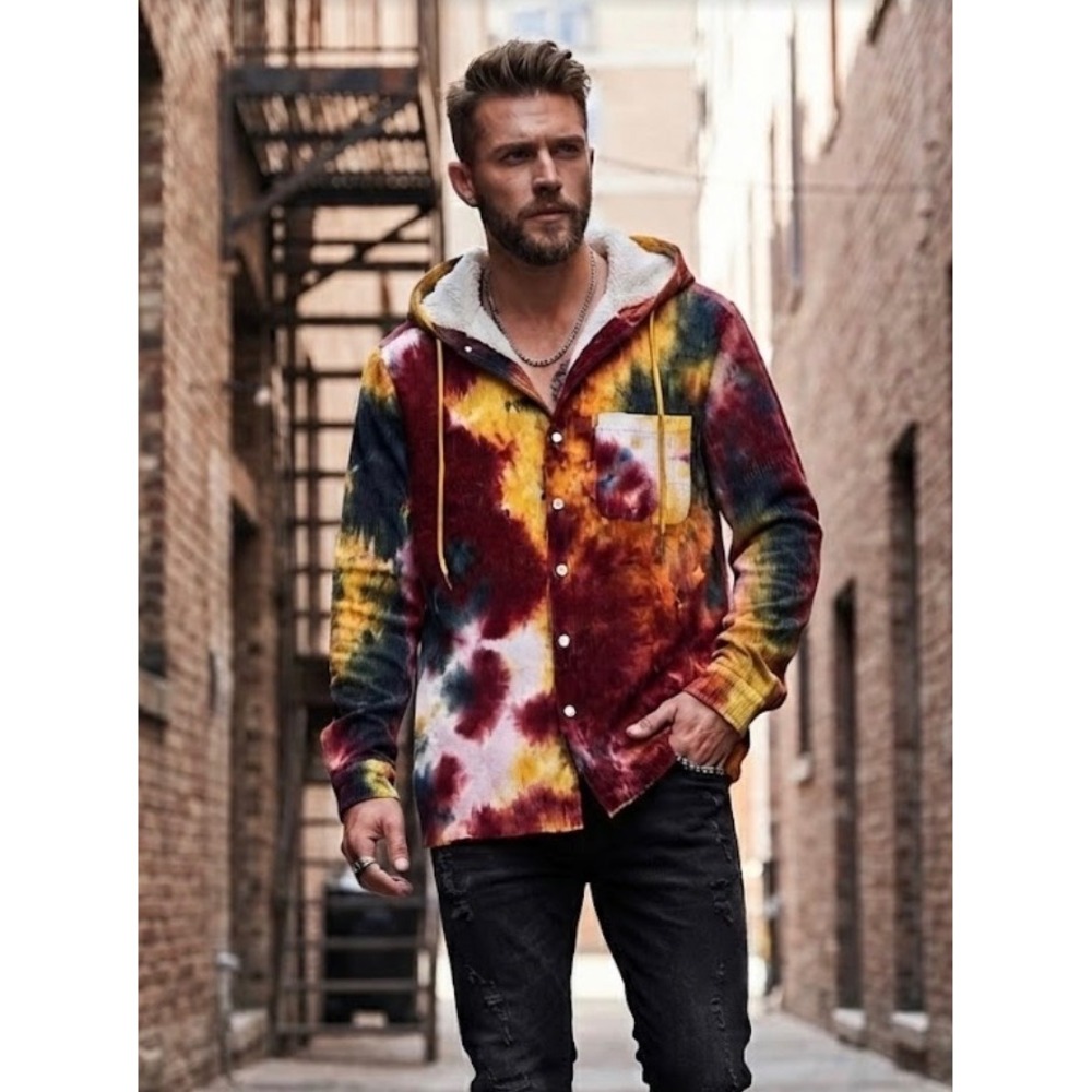 BoohooMAN Mens Tie Dye Corduroy Hooded Shirt Jacket Faux Shearling Lined Medium
